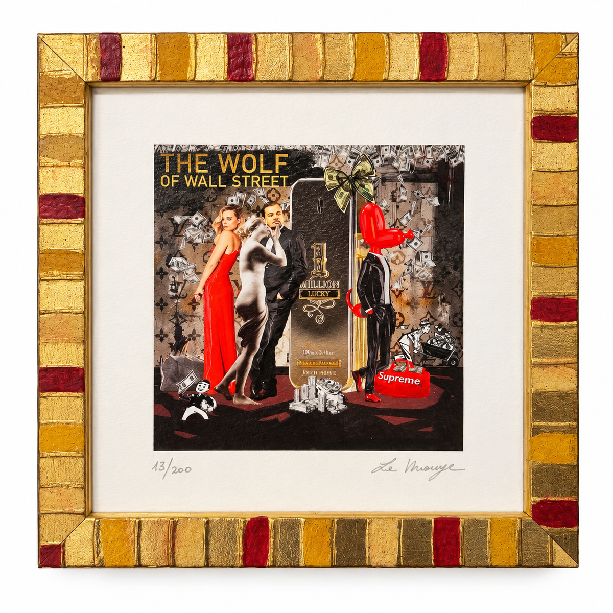 Serigrafia The Wolf of Wall Street di La Rouge, edizione 13/200, con collage Pop Art e cornice dorata decorata con inserti rossi, su fondo bianco.