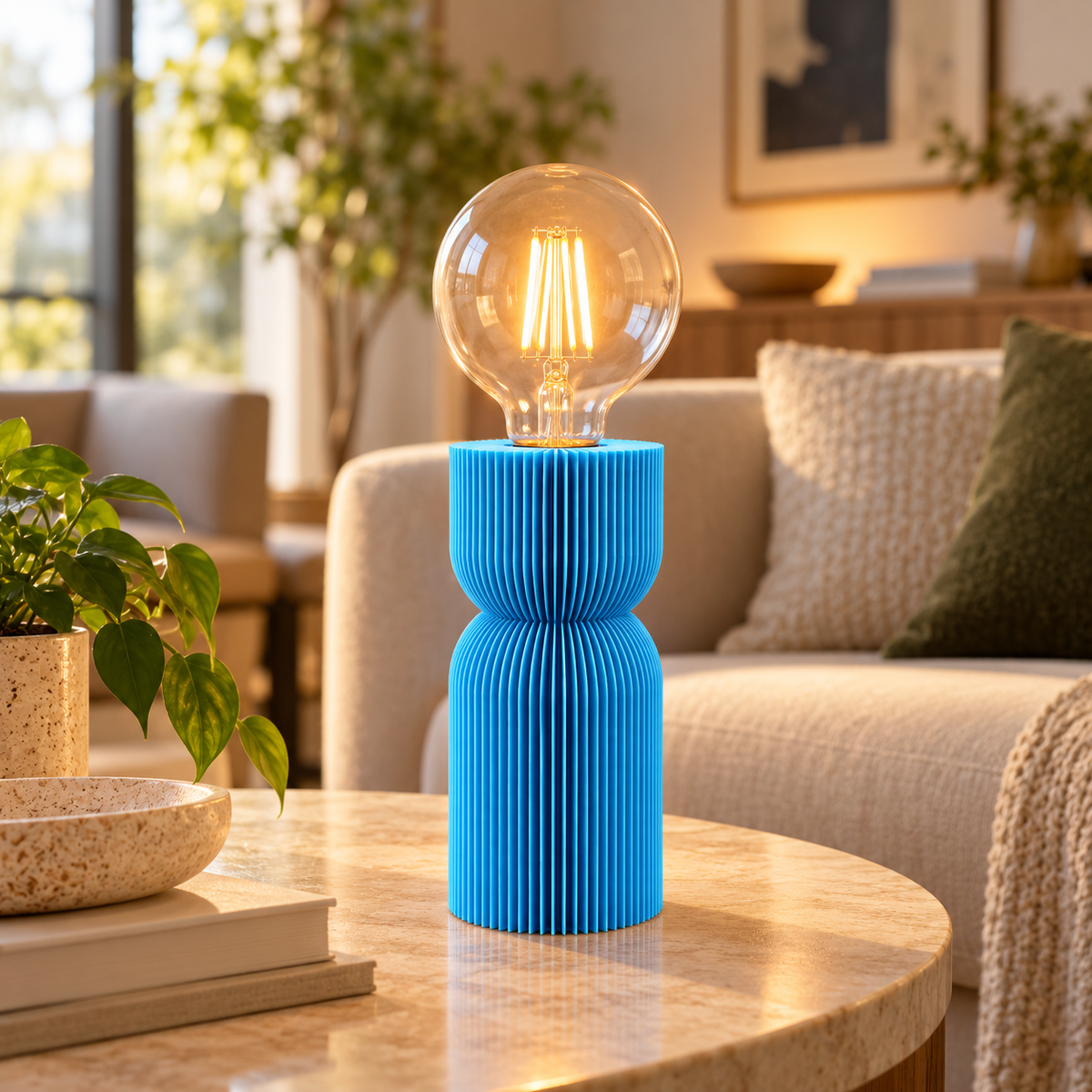 Lampada Cezane azzurra accesa su tavolino in soggiorno, con base geometrica scanalata e luce calda.