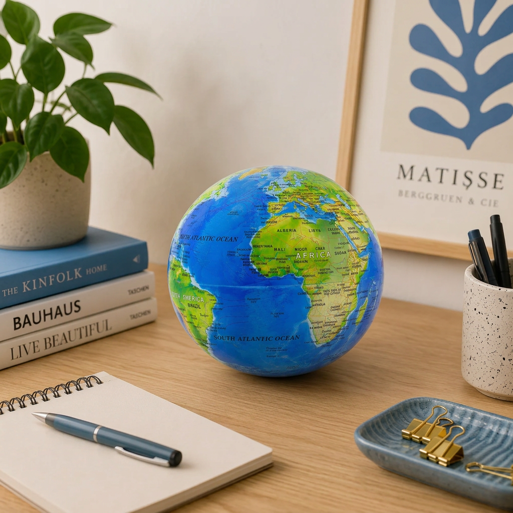 Mappamondo Rotante Balvi blu e verde, ambientato su una scrivania in legno accanto a libri, quaderno e accessori decorativi.