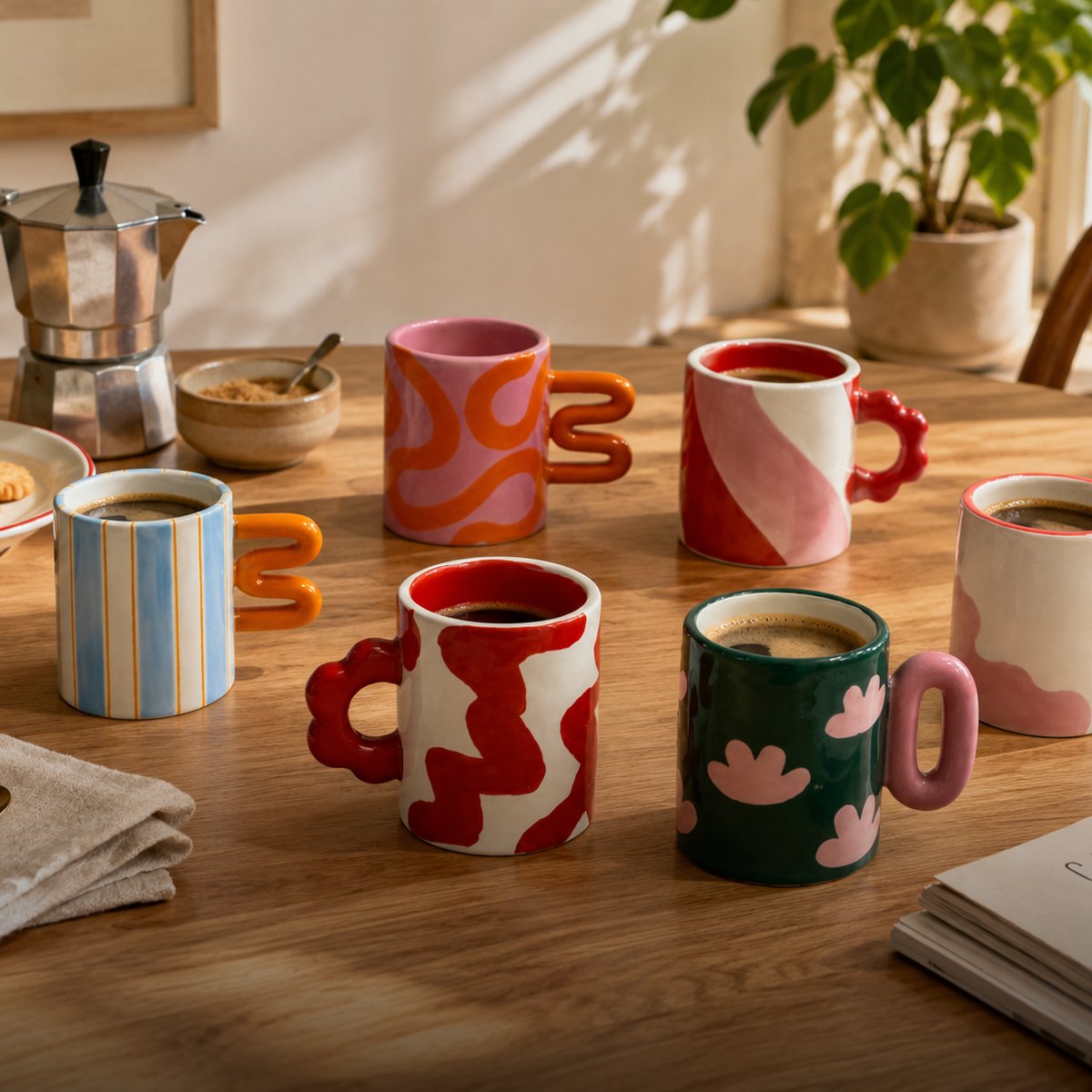Tazze colorate e moka su un tavolo di legno