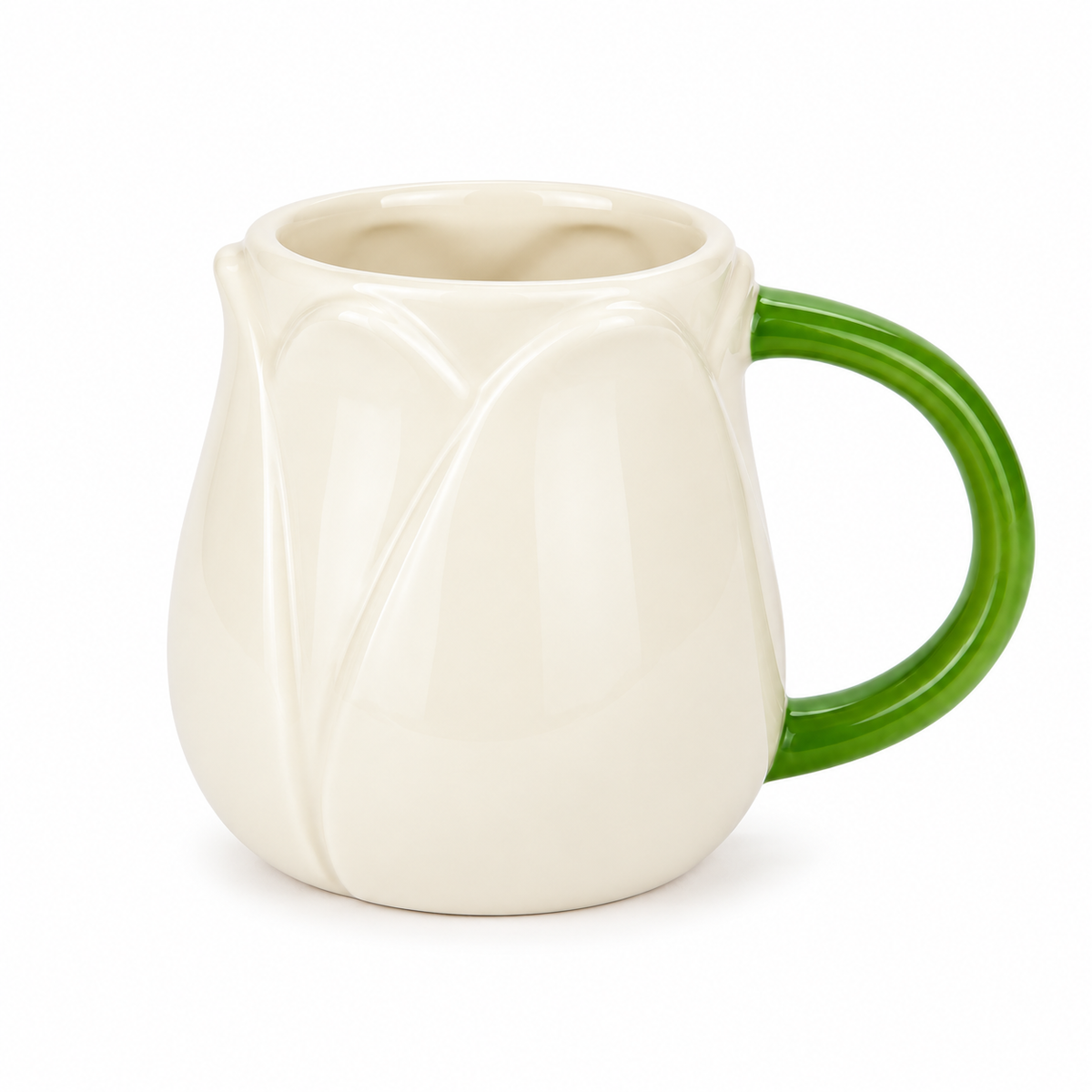 Mug Tulip Balvi bianca in ceramica smaltata, a forma di tulipano con petali in rilievo e manico verde, fotografata su fondo bianco.
