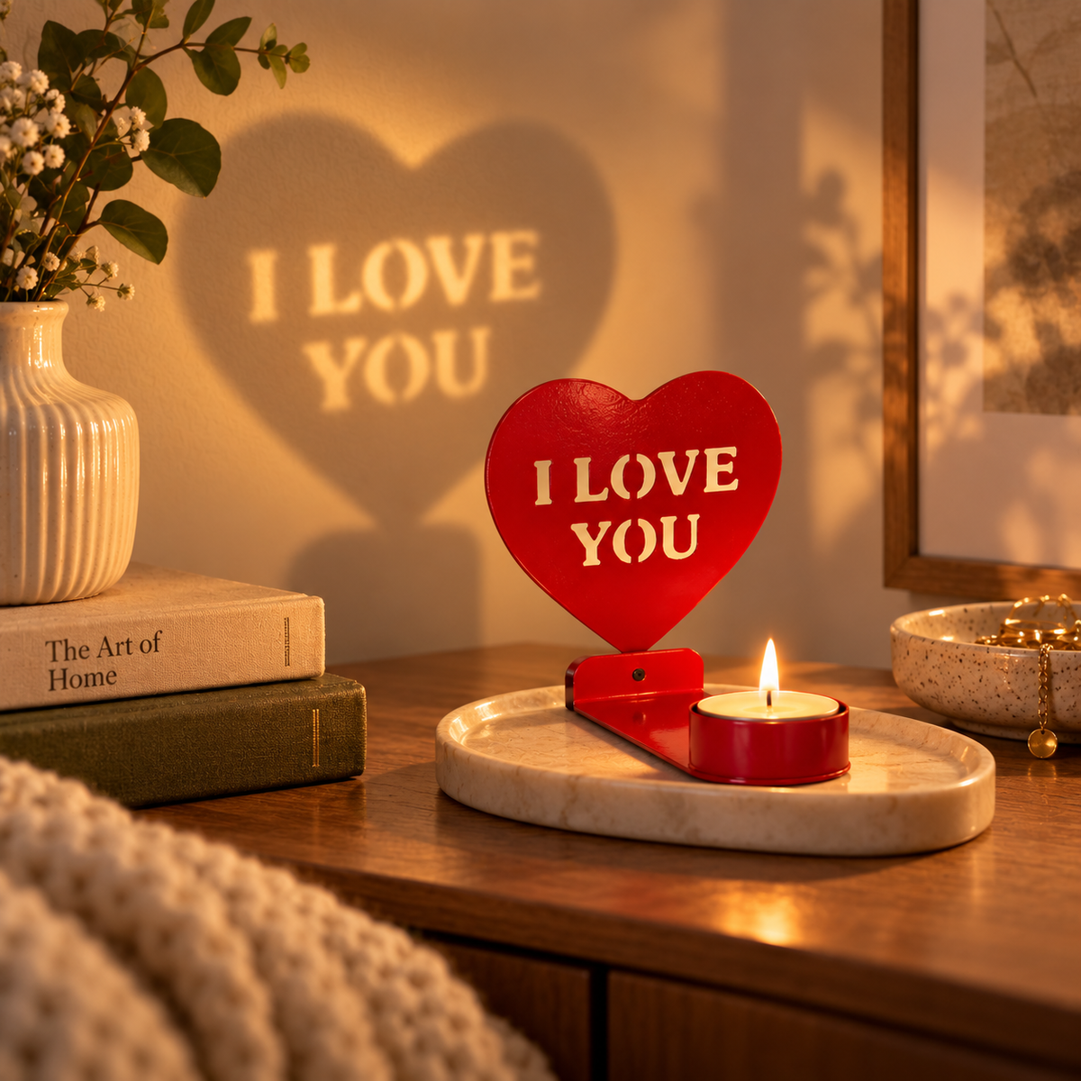 Portacandela rosso con tea light e messaggio “I Love You”, ambientato su comodino in una camera da letto dal tono caldo e romantico.