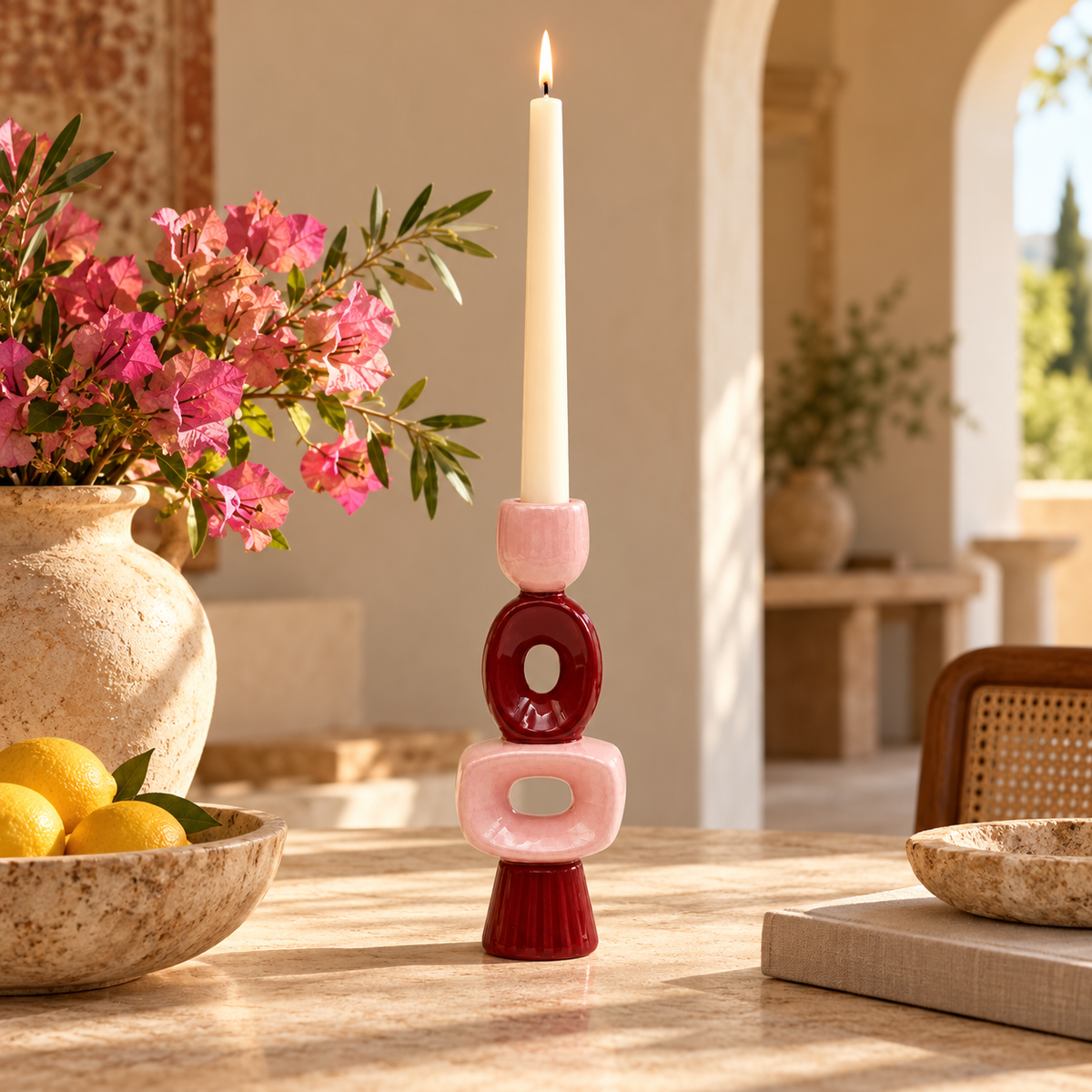 Portacandele Faustino Qué Rico rosa e bordeaux con candela lunga accesa, ambientato su una consolle in pietra con fiori rosa e decorazioni mediterranee.