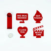 Portacandele Moods Balvi rosso con supporto per candela tealight e quattro sagome intercambiabili I Love You, Big Hug Needed, Get Naked e Movie Time, su fondo bianco.