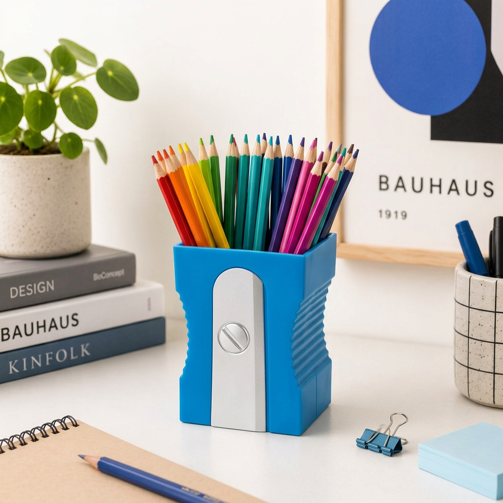 Portapenne Temperamatite Balvi blu con matite colorate, ambientato su una scrivania in stile contemporaneo.