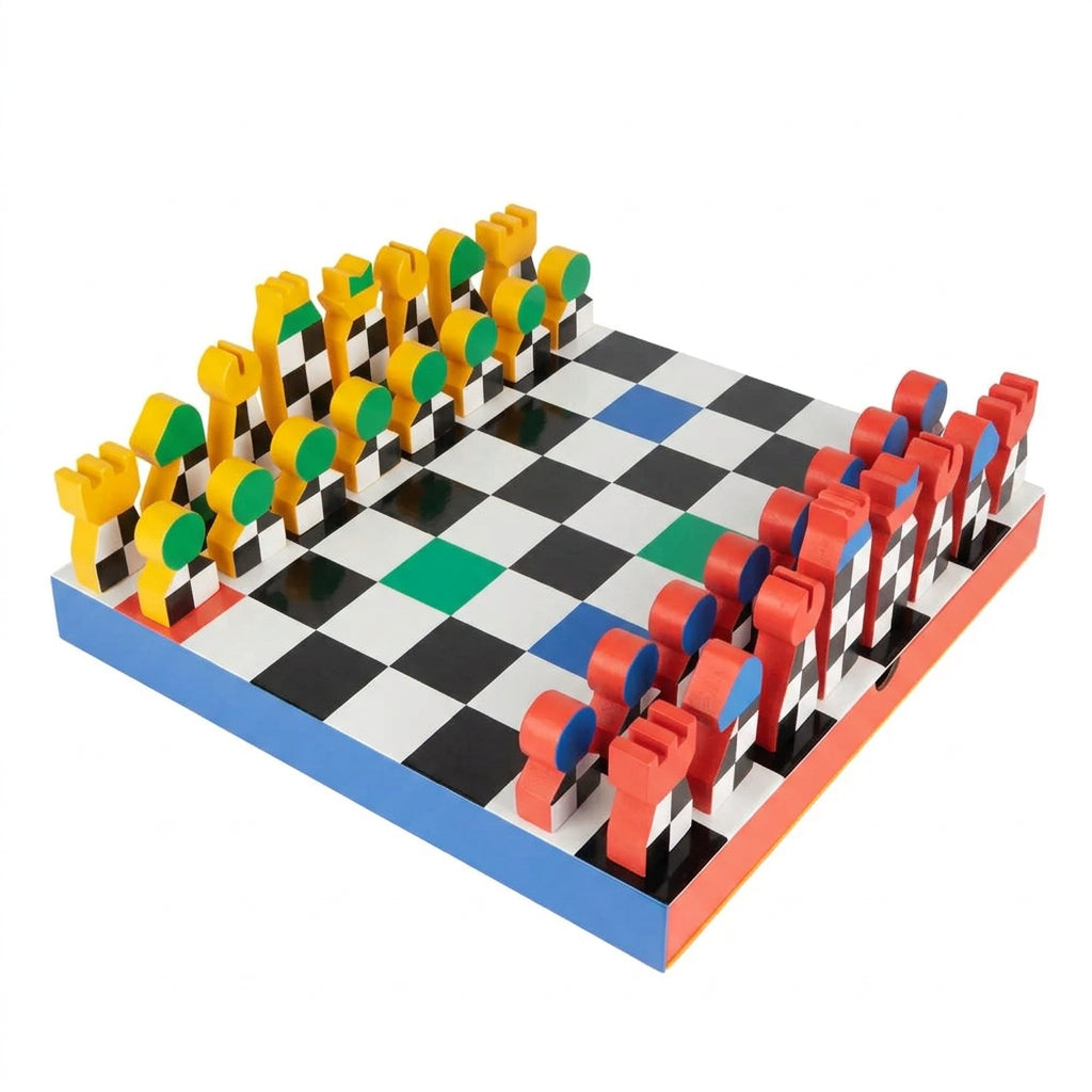 Gioco degli scacchi Hey Chess Balvi con scacchiera geometrica e pedine multicolore in legno, fotografato su fondo bianco.