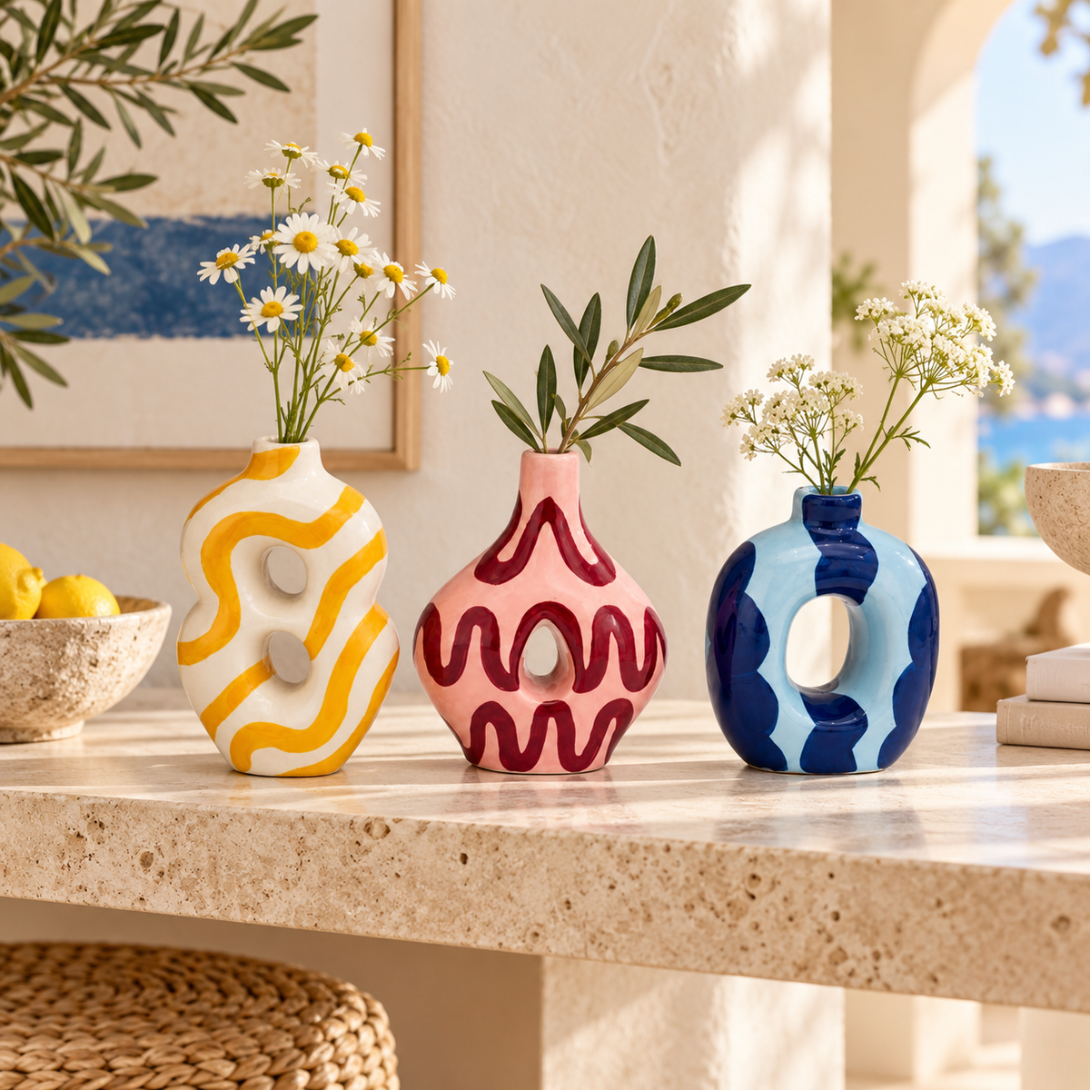 Set di 3 mini vasi Qué Rico colorati, disposti su una consolle in un ambiente mediterraneo luminoso con fiori decorativi.