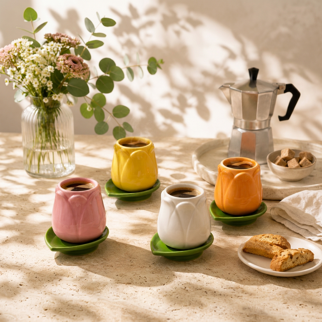 Set di 4 tazzine da caffè Tulip Balvi colorate con piattini verdi, ambientate su una tavola chiara accanto a caffettiera, fiori e biscotti.