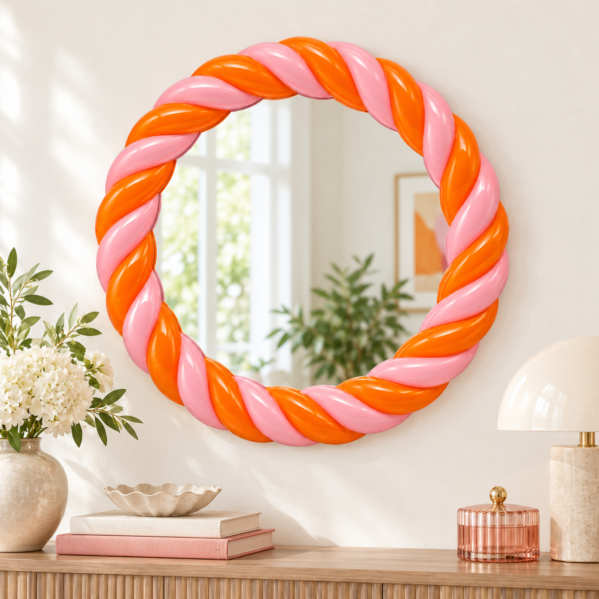 Specchio Lorena Qué Rico con cornice intrecciata rosa e arancione, ambientato su una parete chiara sopra una consolle con fiori bianchi.