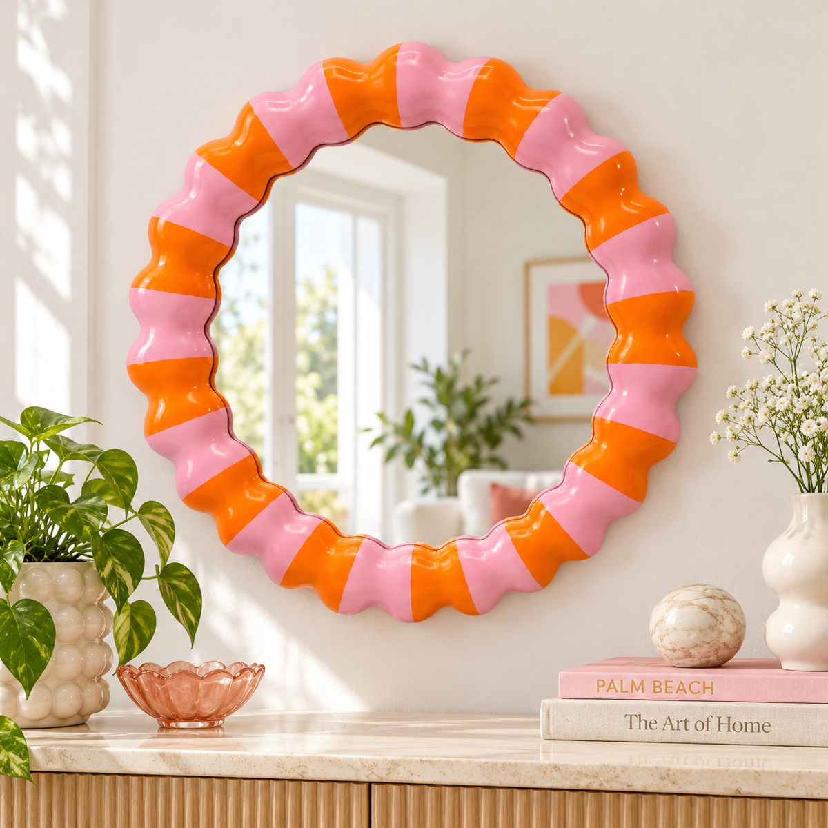 Specchio Lorena Qué Rico con cornice ondulata rosa e arancione, ambientato su una parete chiara sopra un mobile con piante e complementi decorativi.