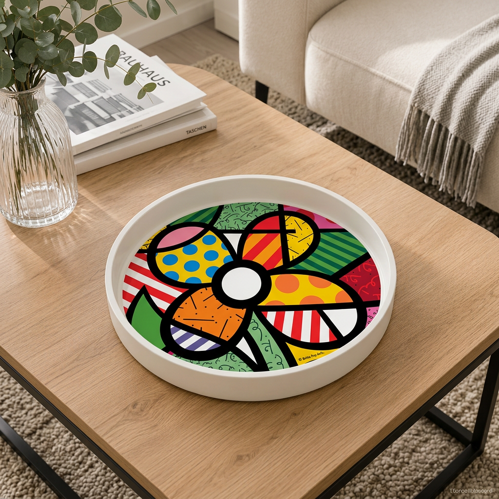 Svuotatasche Totò Big Flower di Creativando con decorazione floreale multicolore, ambientato su un tavolino in legno in soggiorno.