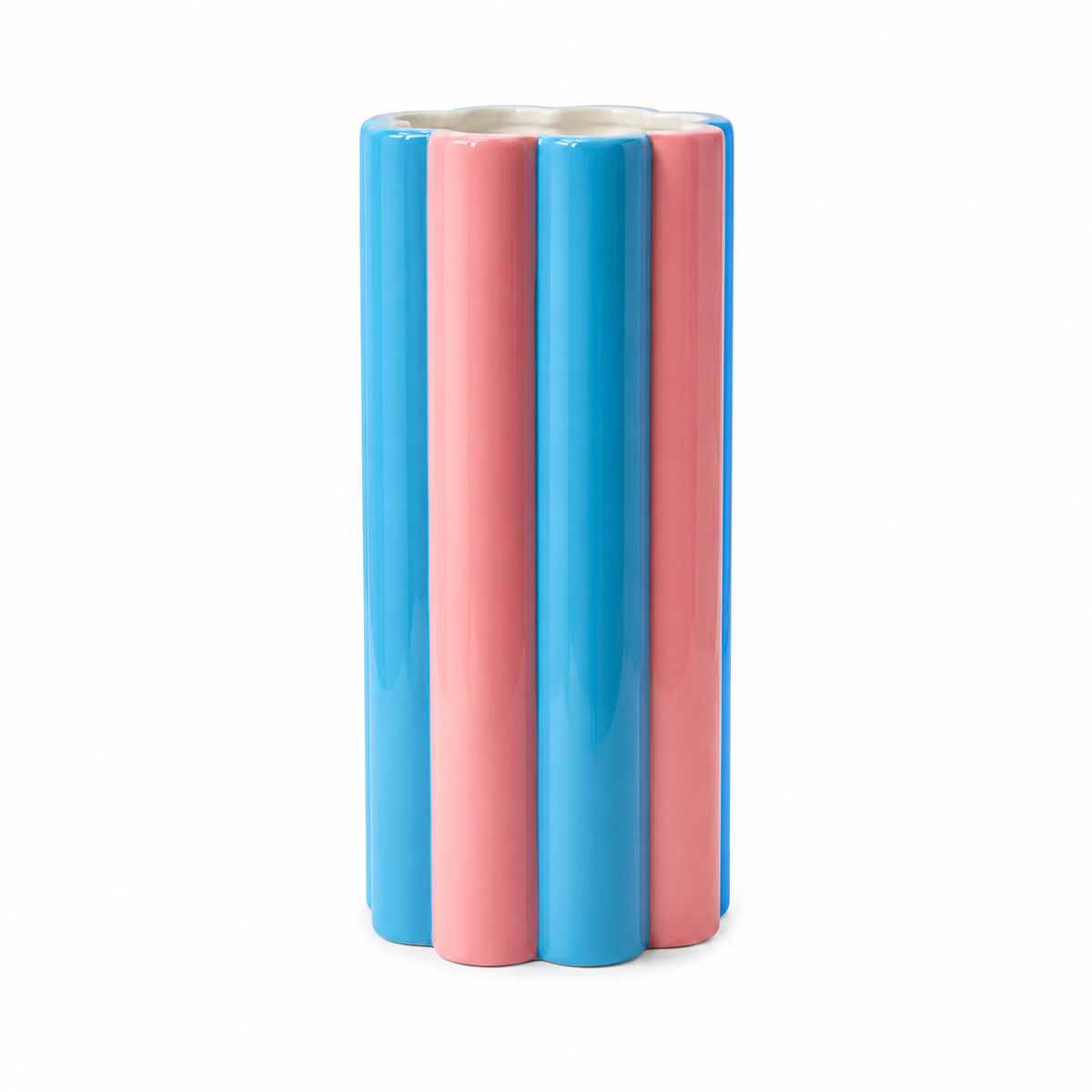 Vaso Arturo Qué Rico in ceramica lucida con scanalature verticali alternate azzurre e rosa, alto 26,5 cm, su sfondo bianco.