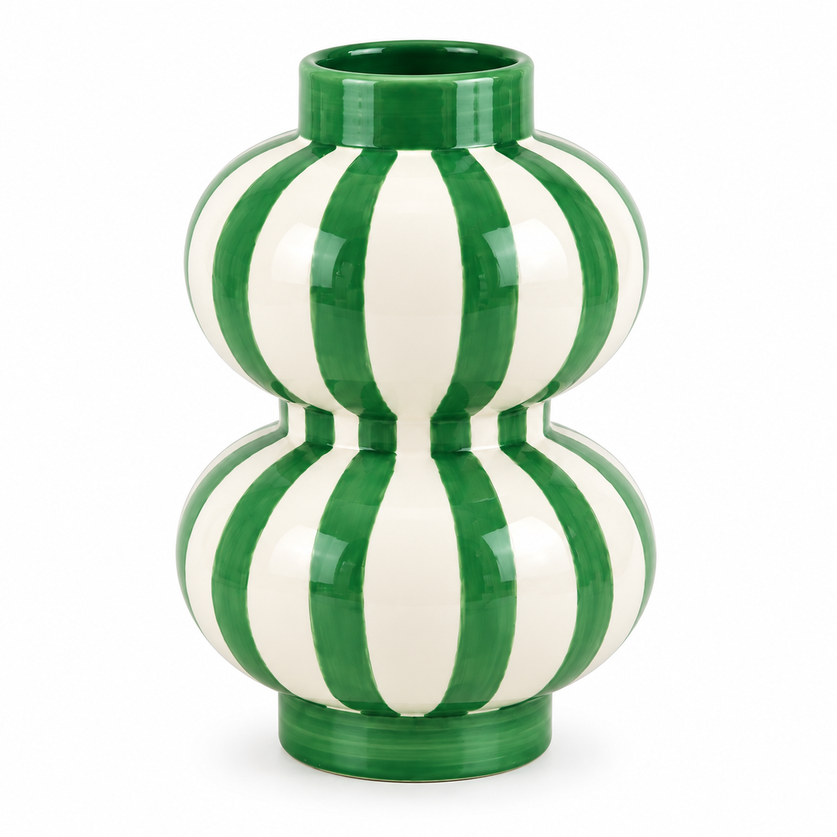 Vaso Augusto Rayas Bailarinas di Qué Rico in ceramica verde e bianca a strisce, con forma a doppia sfera e altezza 28,3 cm, su sfondo bianco.