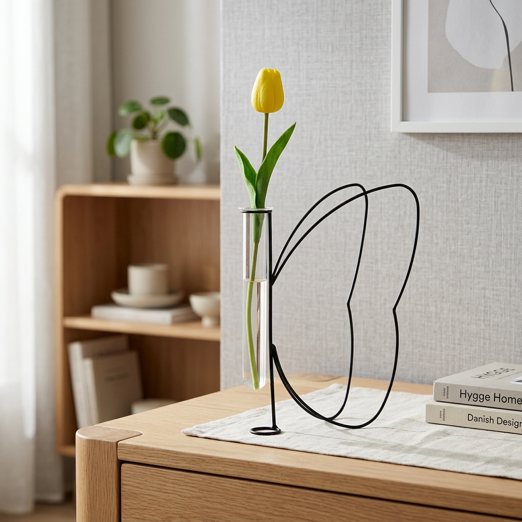 Vaso Butterfly Silhouette Balvi in metallo nero con tulipano giallo nella provetta, ambientato su un mobile in legno in un interno moderno.
