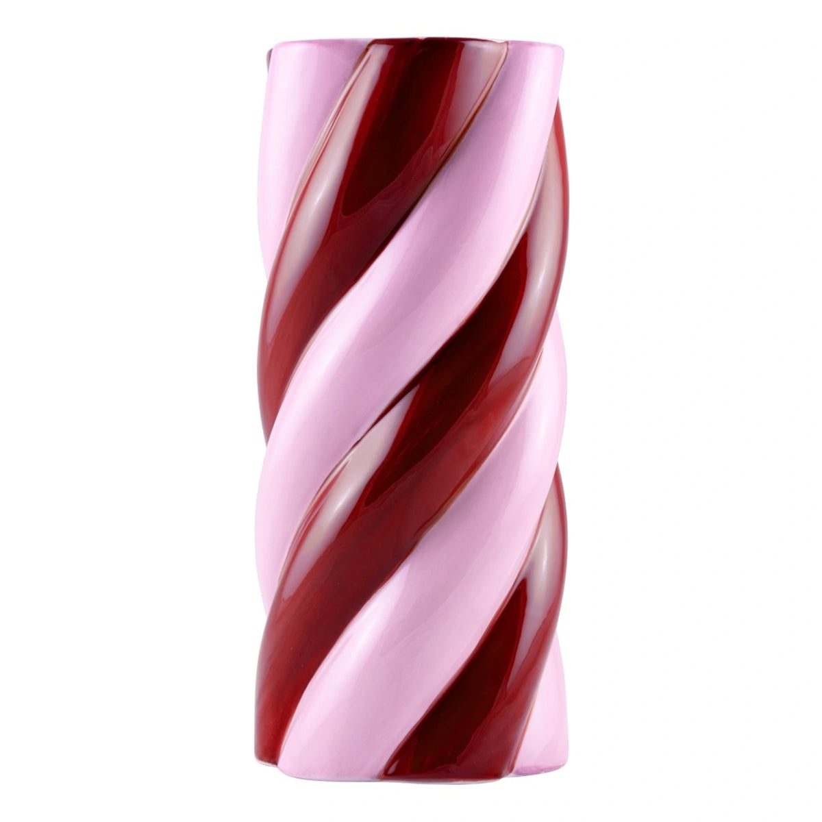 Vaso Camila Amor del Color di Qué Rico in ceramica lucida rosa e bordeaux, con decorazione a spirale, alto 29,5 cm, su sfondo bianco.