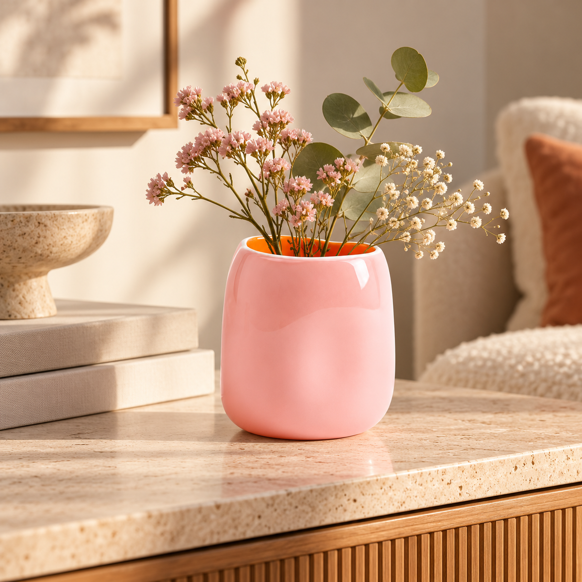 Vaso João S Motel a Miio rosa con interno arancione, con piccoli fiori rosa e bianchi, ambientato su un tavolino in pietra chiara.