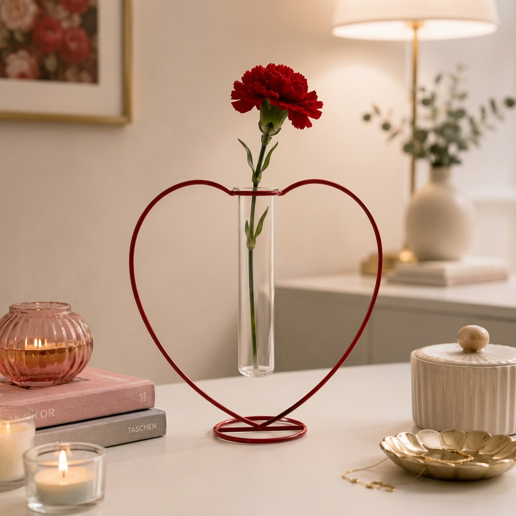 Vaso Love Silhouette Balvi in metallo rosso con fiore nella provetta trasparente, ambientato su un tavolino bianco in un interno luminoso.