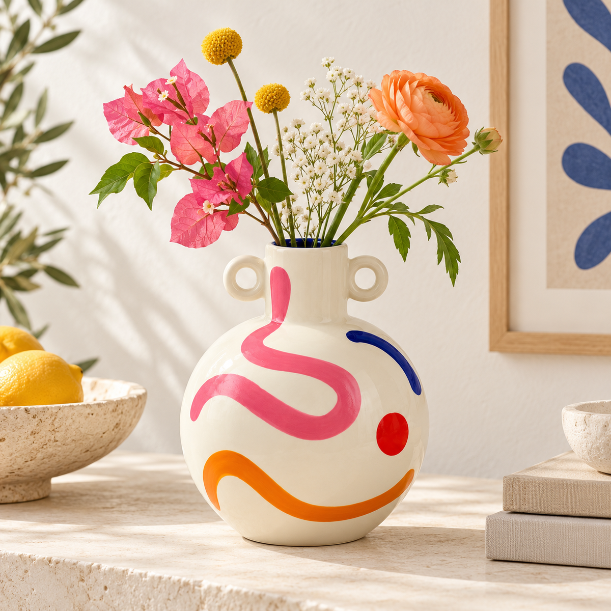 Vaso Lucía Pintura Locura Qué Rico con fiori rosa, arancioni e gialli, ambientato su un piano in pietra chiara in un soggiorno luminoso.