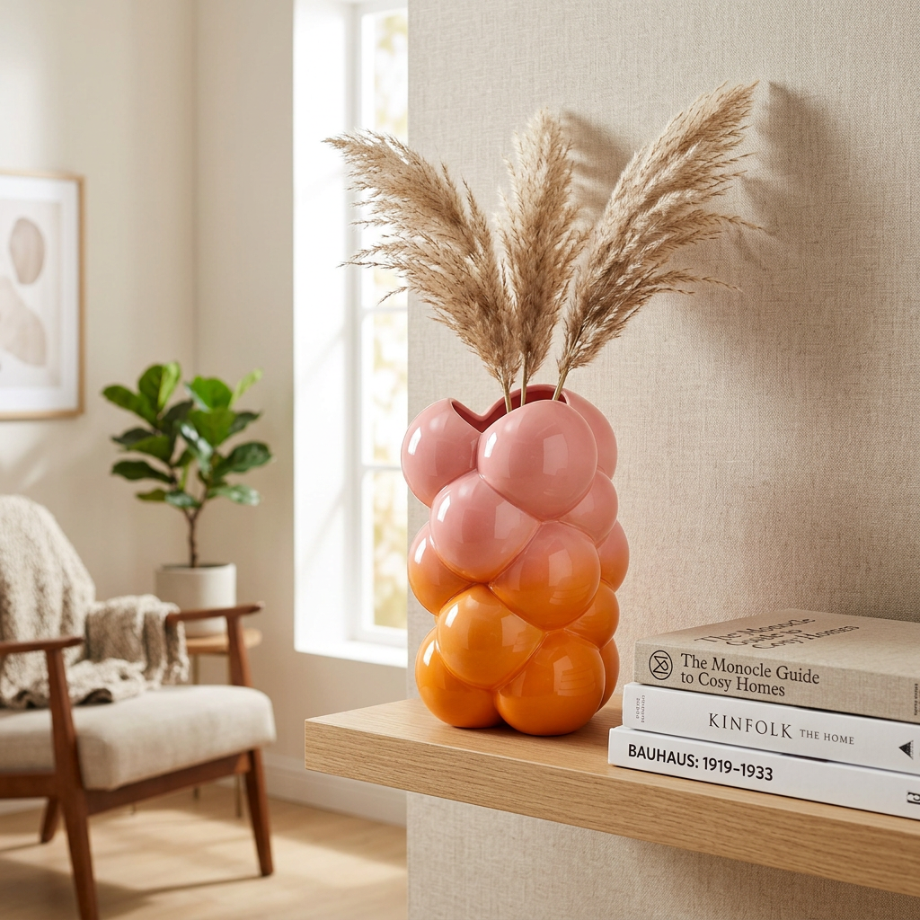 Vaso MAM Motel a Miio x Patrick Vogel rosa e arancione con composizione di rami decorativi, ambientato su una consolle in legno.