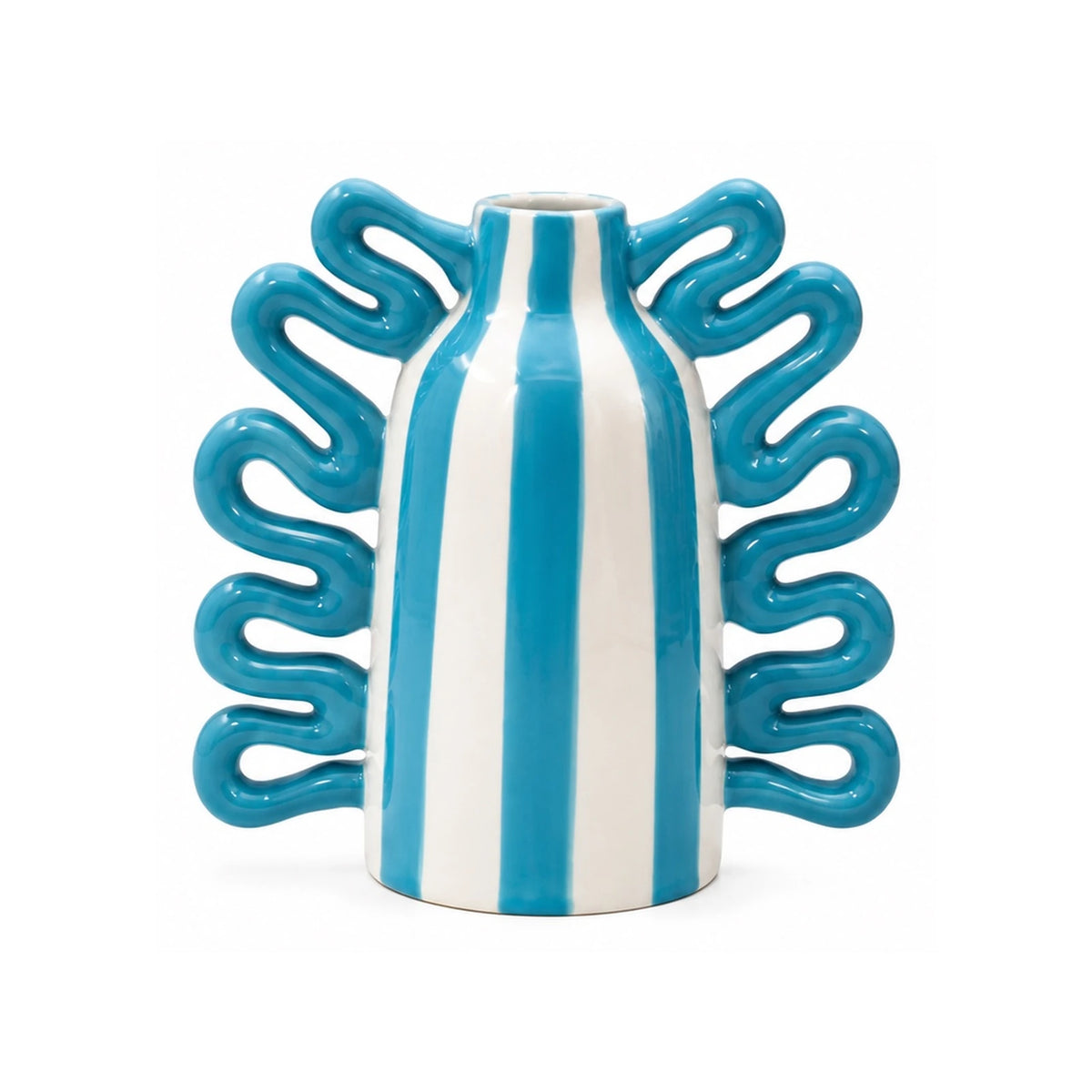 Vaso Nicolás Rayas Bailarinas di Qué Rico in ceramica bianca con righe verticali azzurre e manici ondulati blu, su sfondo bianco.