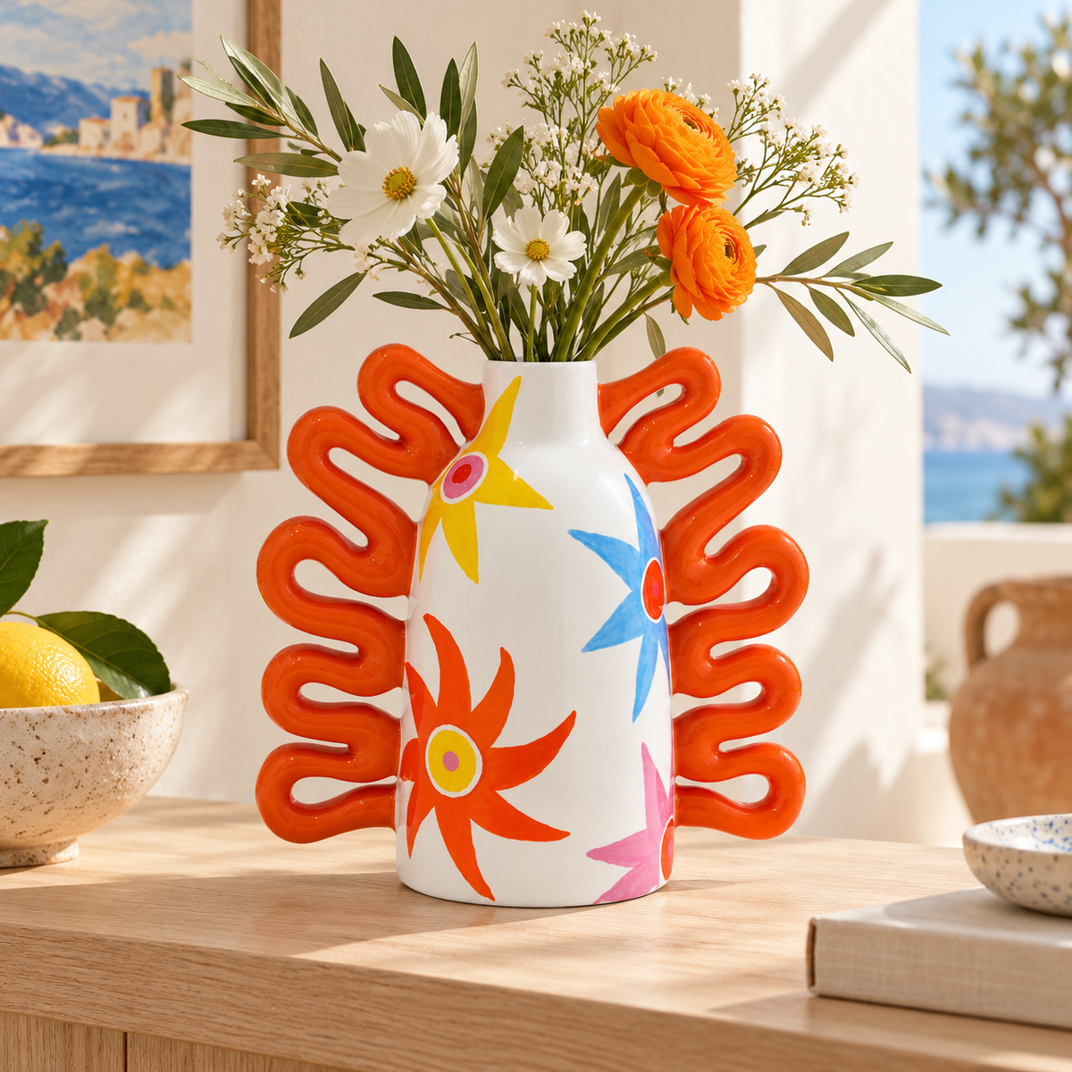 Vaso Nicolás Verano Vibes di Qué Rico in ceramica con manici arancioni e fiori colorati, ambientato su una consolle in stile mediterraneo.