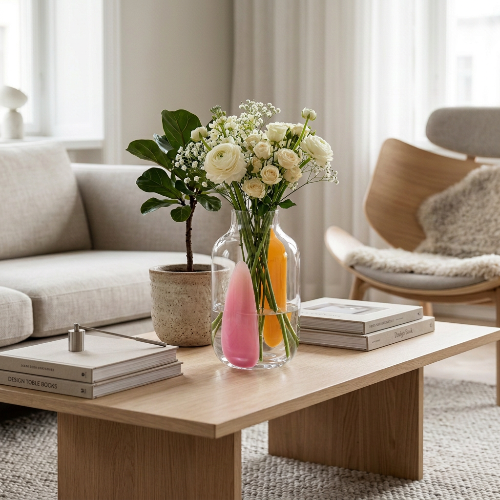 Vaso NUNO M in vetro trasparente con dettagli rosa e arancione, ambientato su un tavolino in legno con bouquet di fiori in un soggiorno luminoso.