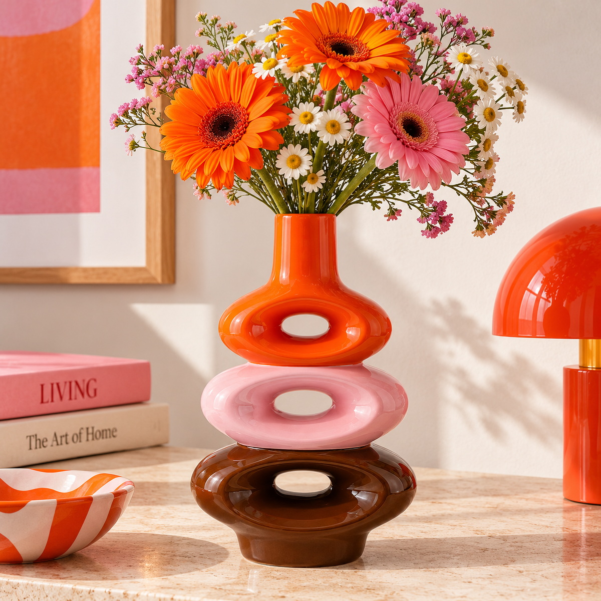 Vaso Pascual Amor del Color Qué Rico arancione, rosa e marrone, con fiori arancioni, rosa e bianchi, ambientato su una consolle in pietra chiara.