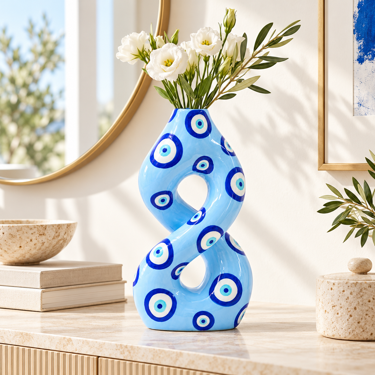 Vaso Patricia Qué Rico azzurro con motivi circolari blu, decorato con fiori bianchi e ambientato su una consolle in un interno contemporaneo.