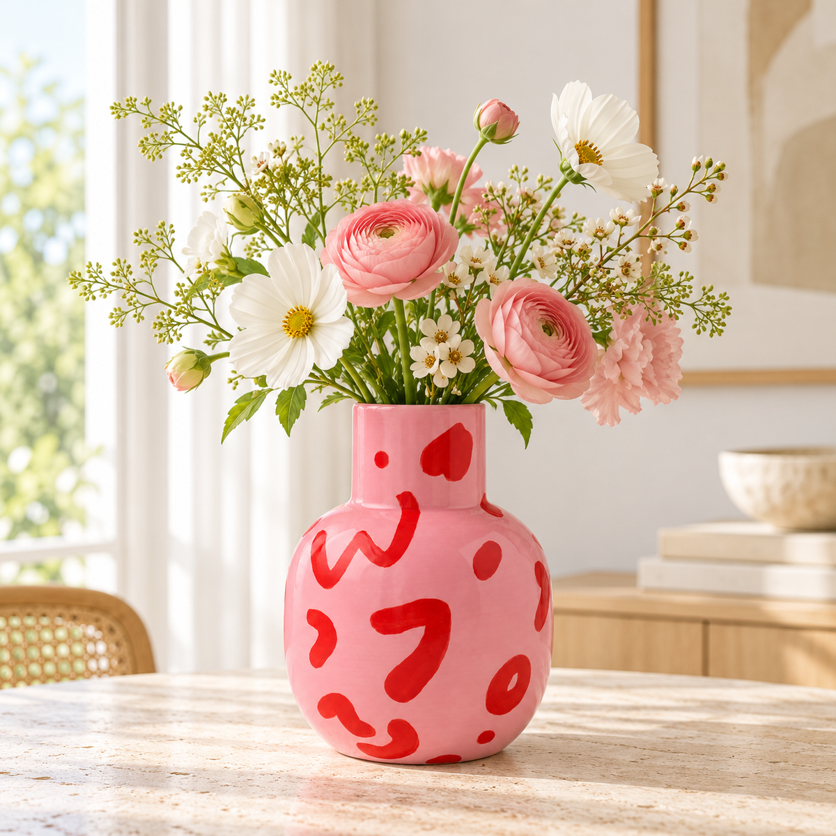 Vaso Rosita Qué Rico in ceramica lucida rosa con decorazioni astratte rosse, forma arrotondata e collo cilindrico, su sfondo bianco.
