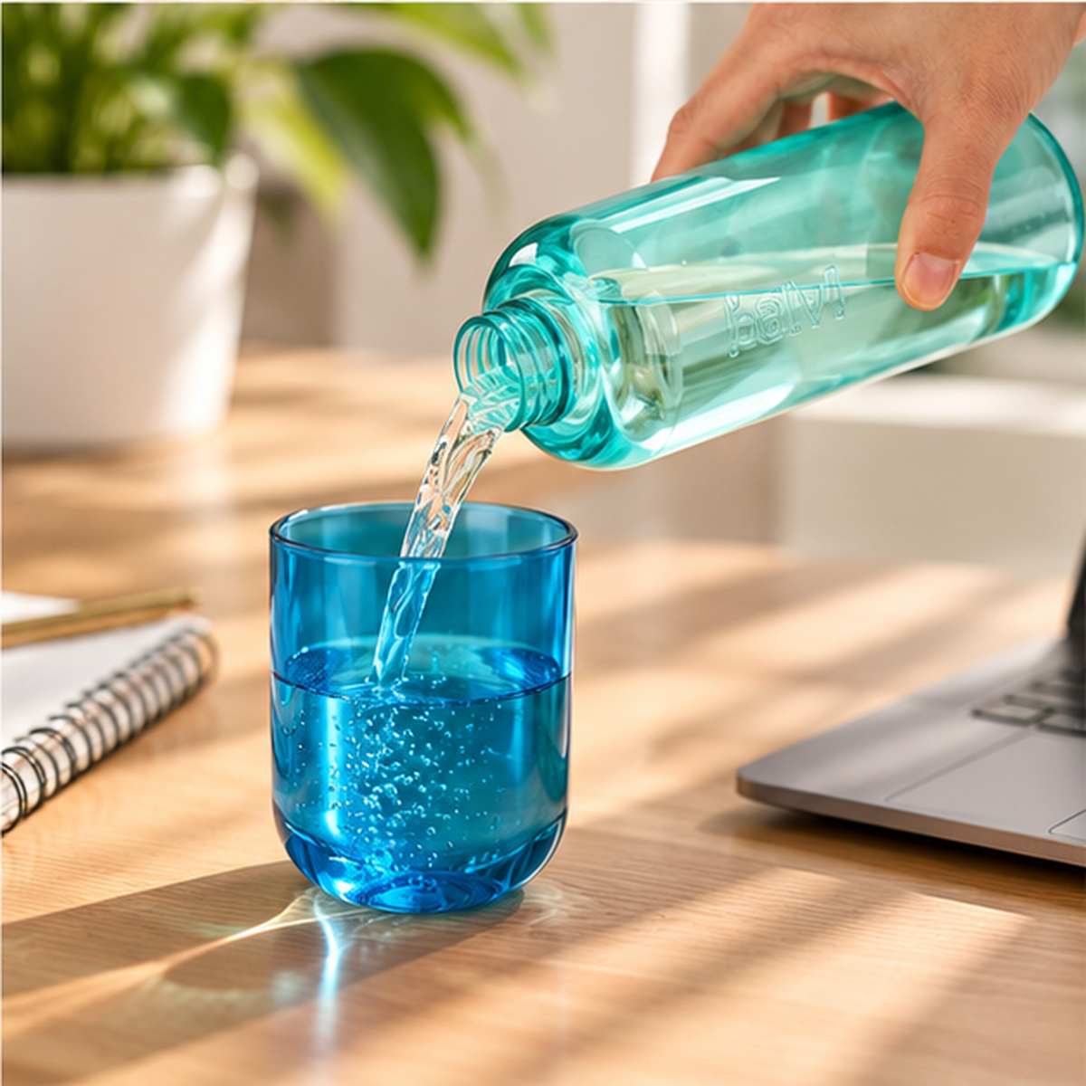 Borraccia Water Pill Balvi acquamarina aperta mentre versa acqua nel bicchiere blu coordinato, su una scrivania luminosa.