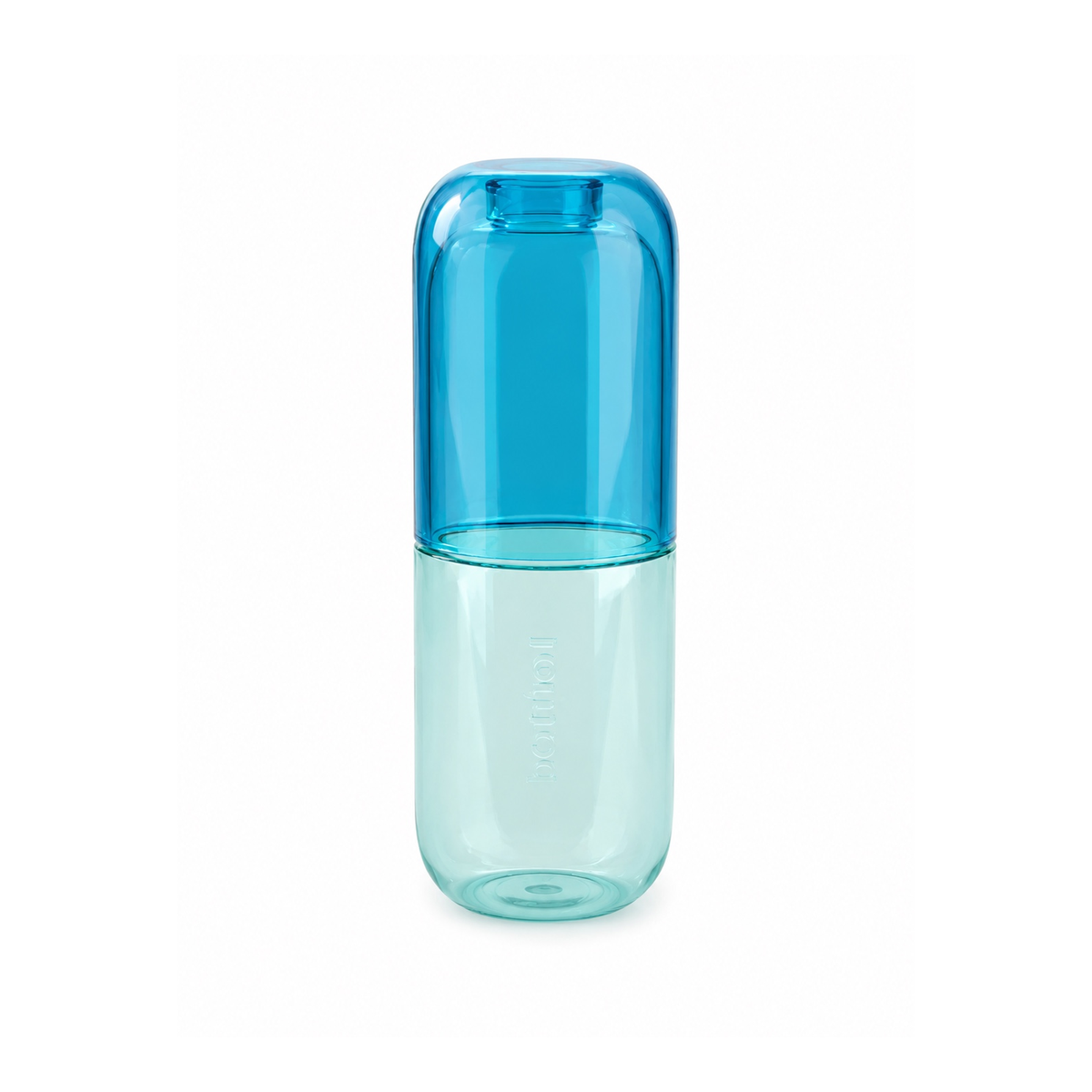 Borraccia Water Pill Balvi blu e acquamarina a forma di capsula, con bicchiere trasparente blu integrato, su fondo bianco.